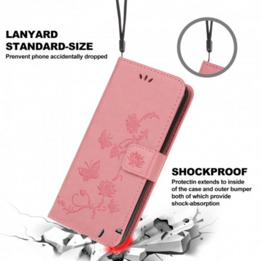 Flipové Pouzdro Na Samsung Galaxy A22 5G Na Lana Popruh Pro Motýly A Květiny