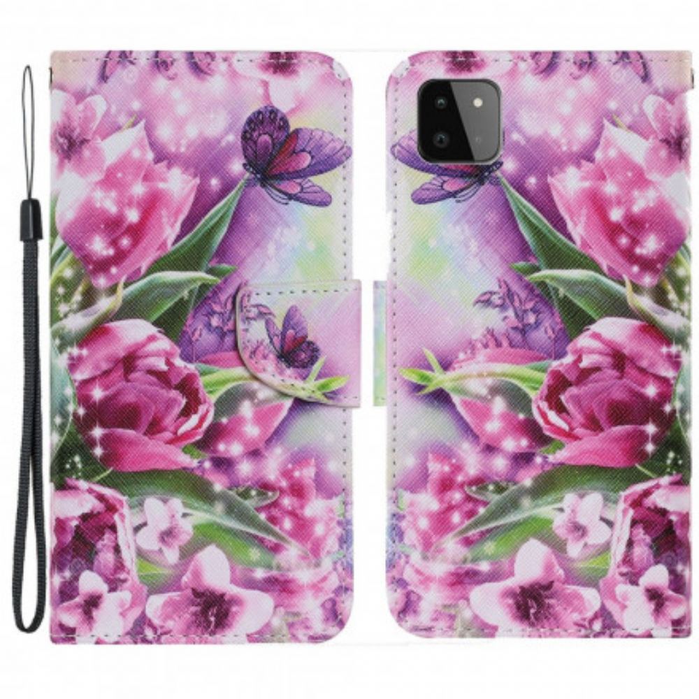 Flipové Pouzdro Na Samsung Galaxy A22 5G Motýli A Tulipány