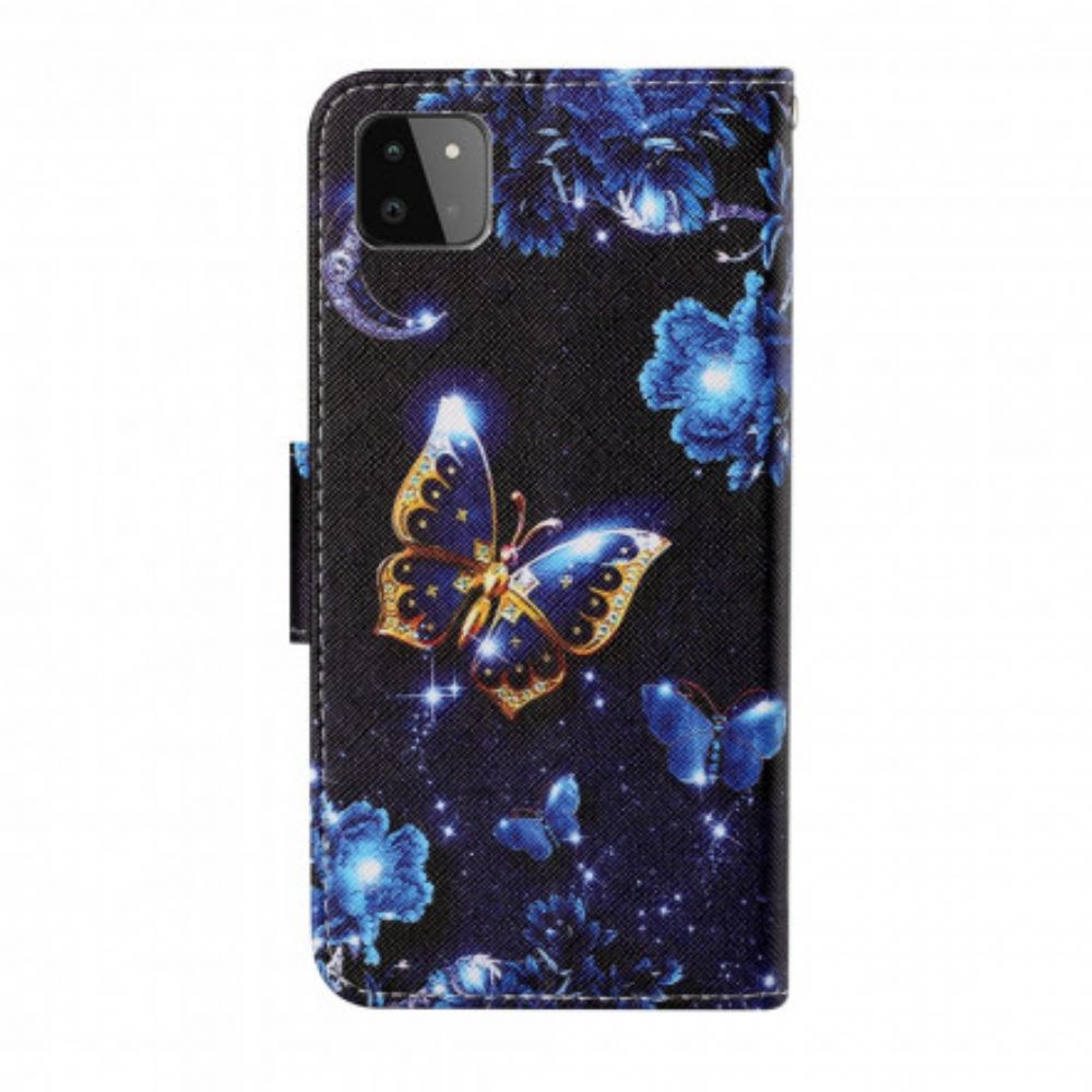 Kožené Pouzdro Na Samsung Galaxy A22 5G Na Lana Vzácní Motýli Na Řemínku