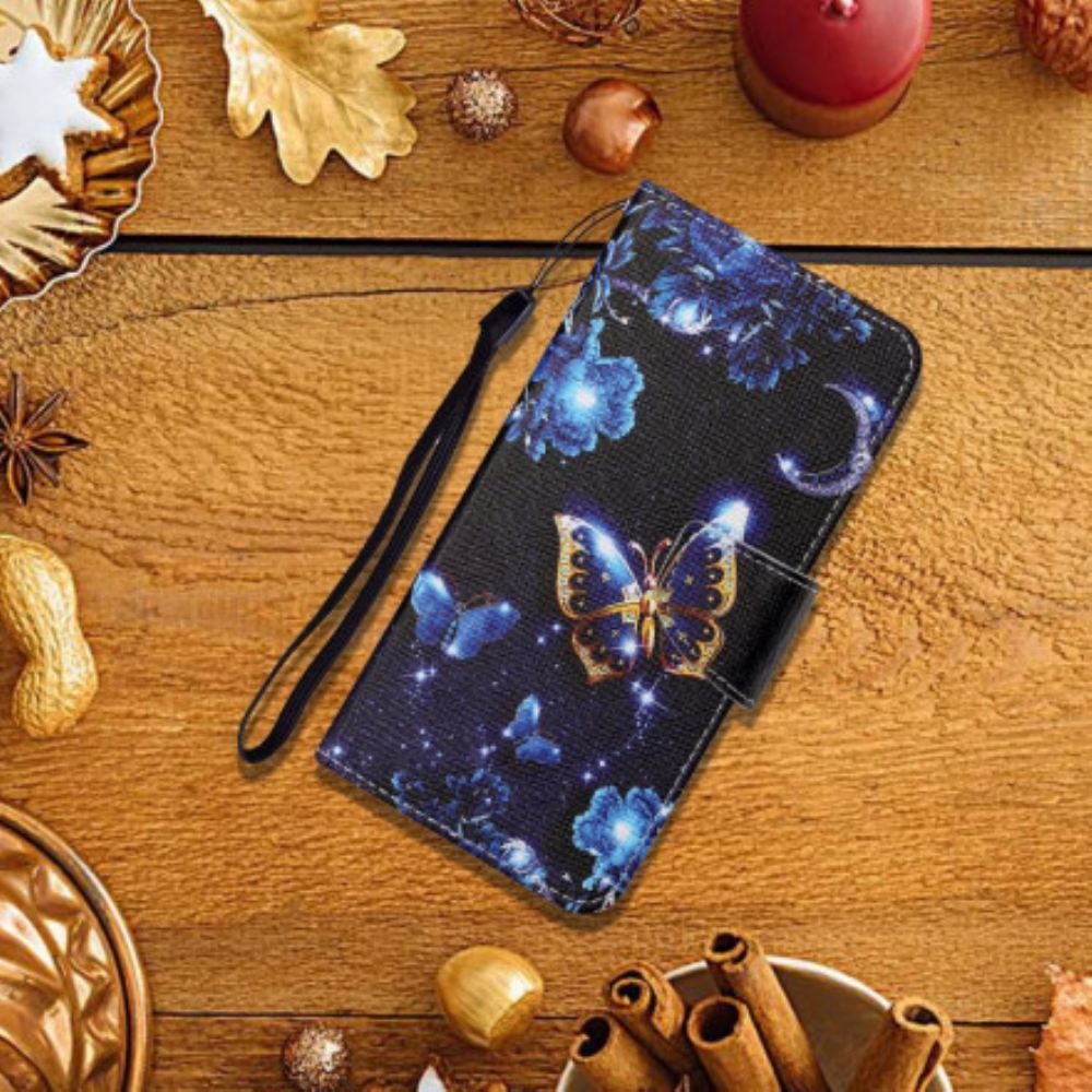 Kožené Pouzdro Na Samsung Galaxy A22 5G Na Lana Vzácní Motýli Na Řemínku