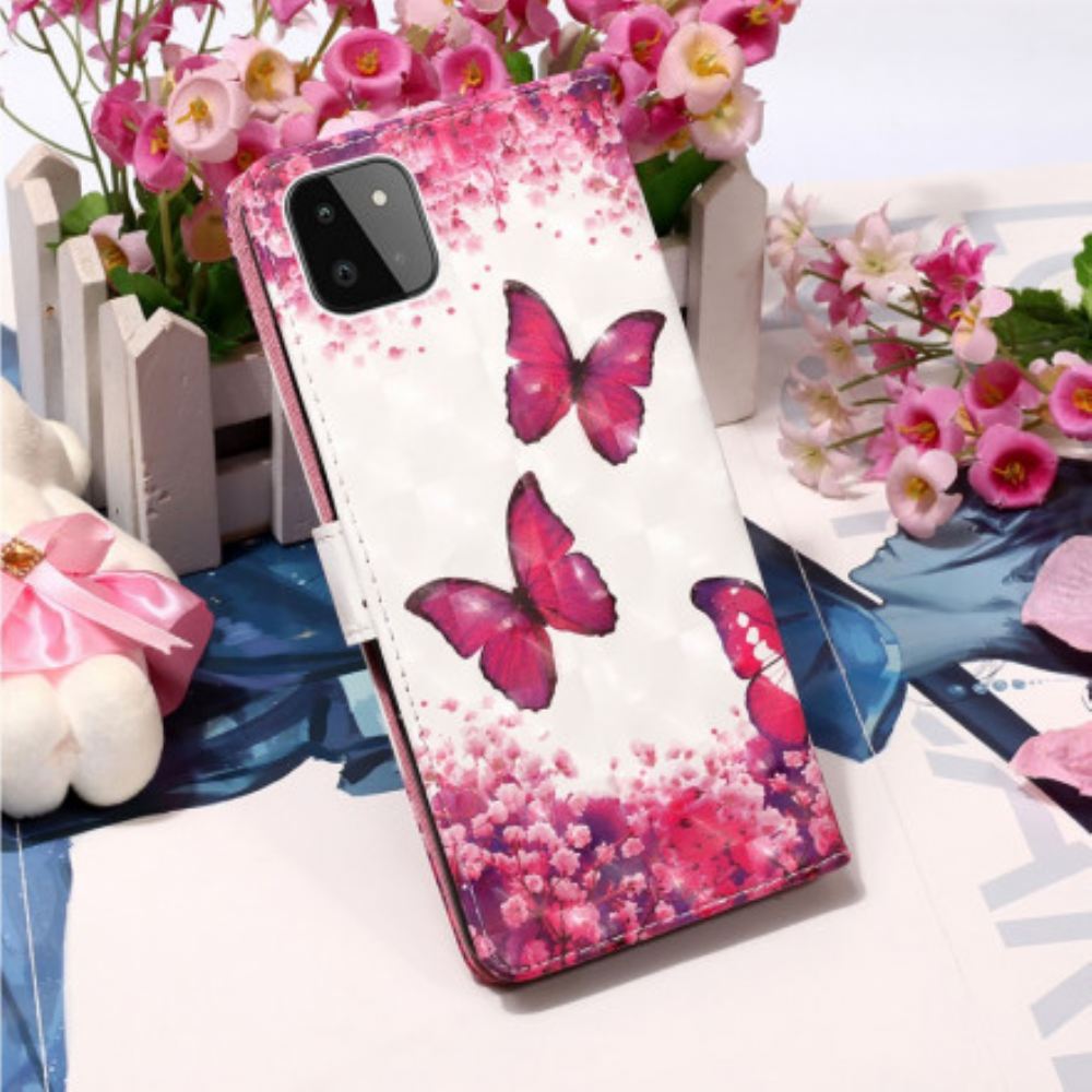 Kožené Pouzdro Na Samsung Galaxy A22 5G Červení Motýli