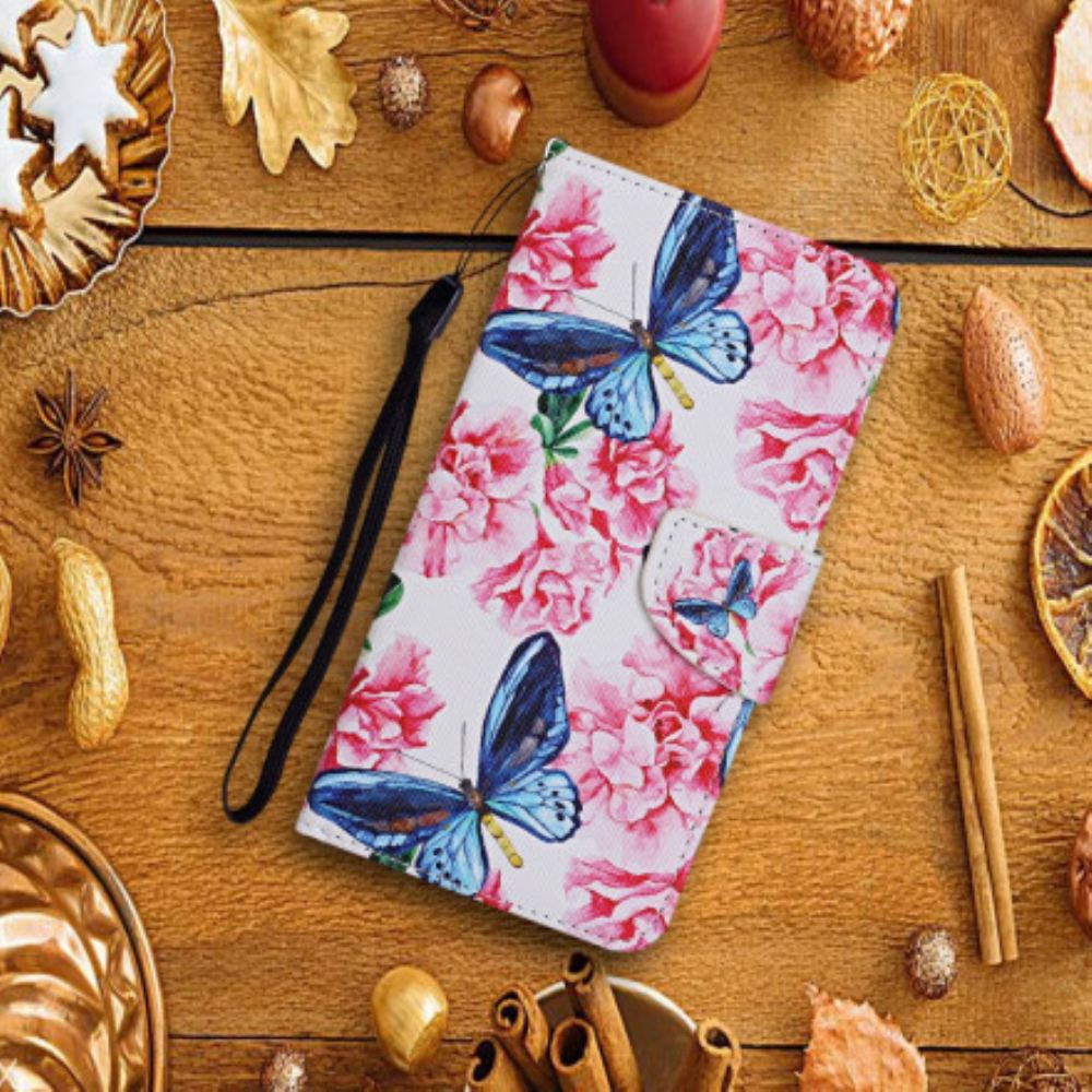 Kožené Pouzdro Na Samsung Galaxy A22 5G Šňůrka S Květinovými Motýly