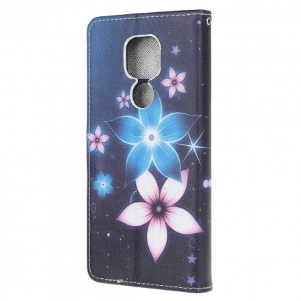 Flipové Pouzdro Na Moto G9 Play Na Lana Květiny Na Lunárním Popruhu