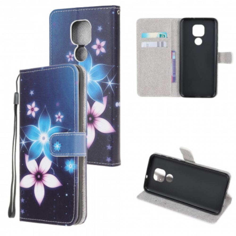 Flipové Pouzdro Na Moto G9 Play Na Lana Květiny Na Lunárním Popruhu