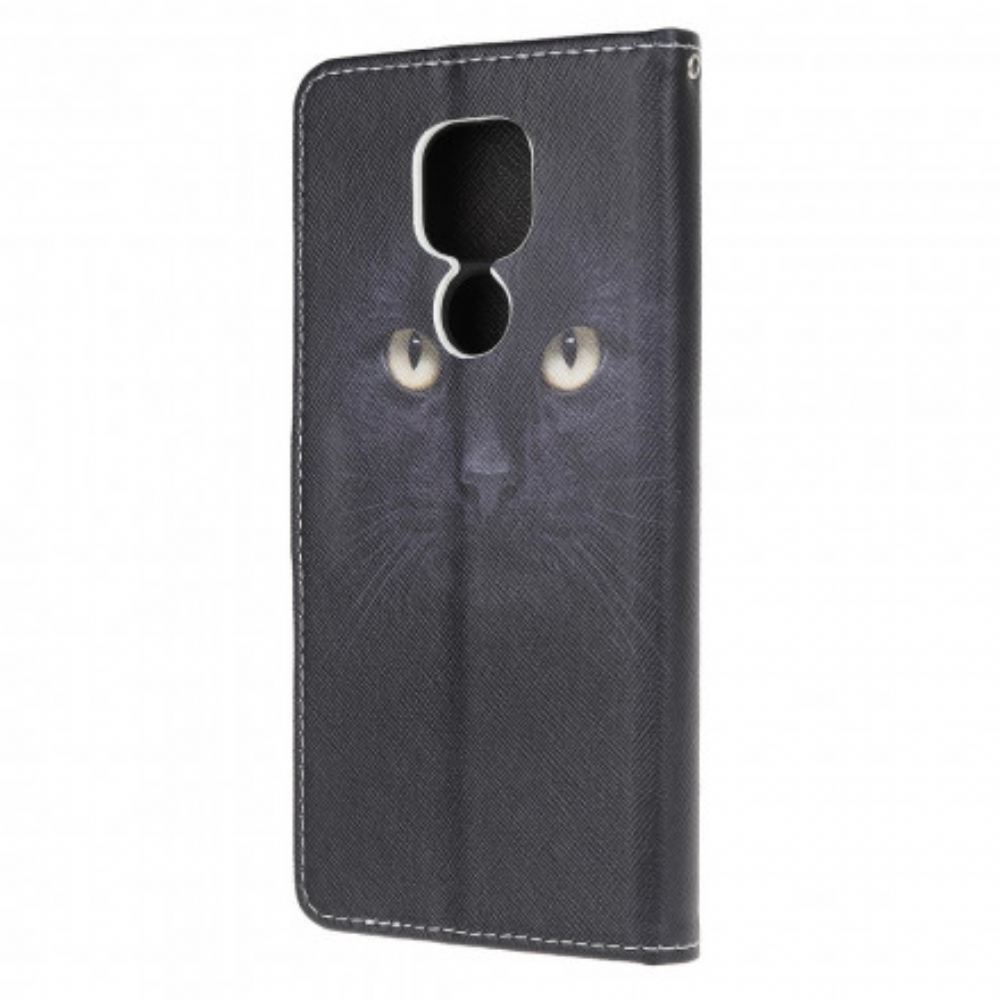 Flipové Pouzdro Na Moto G9 Play Na Lana Černé Kočičí Oči S Páskem