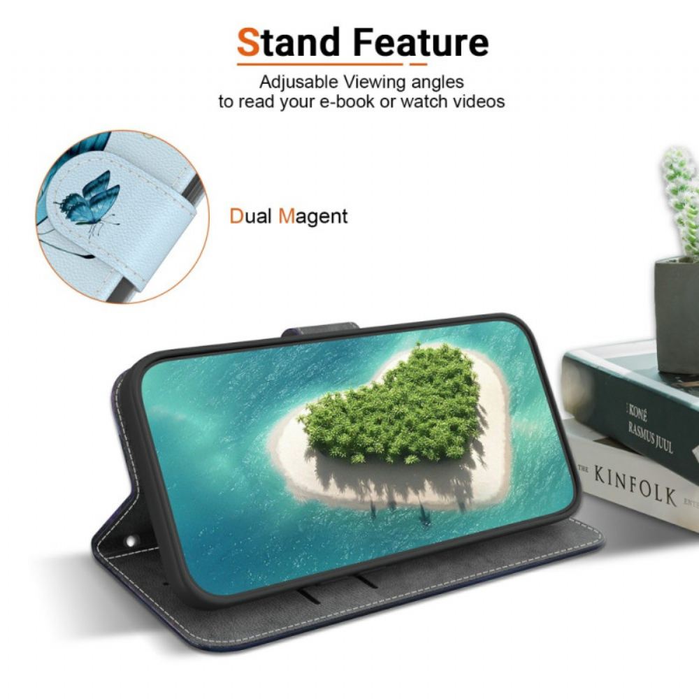 Kožený Kryt Oppo Reno 13 5g Motýl A Modré Květy