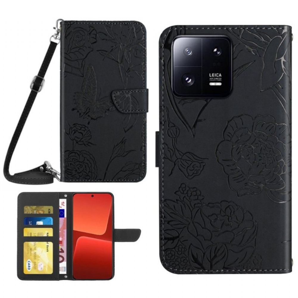 Flipové Pouzdro Na Xiaomi 13 Motýli A Popruh Přes Rameno