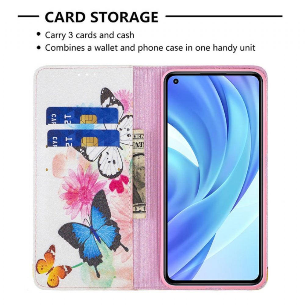 Flipové Pouzdro Na Xiaomi Mi 11 Lite 5G NE / Mi 11 Lite 4G / 5G Malovaní Motýli A Květiny