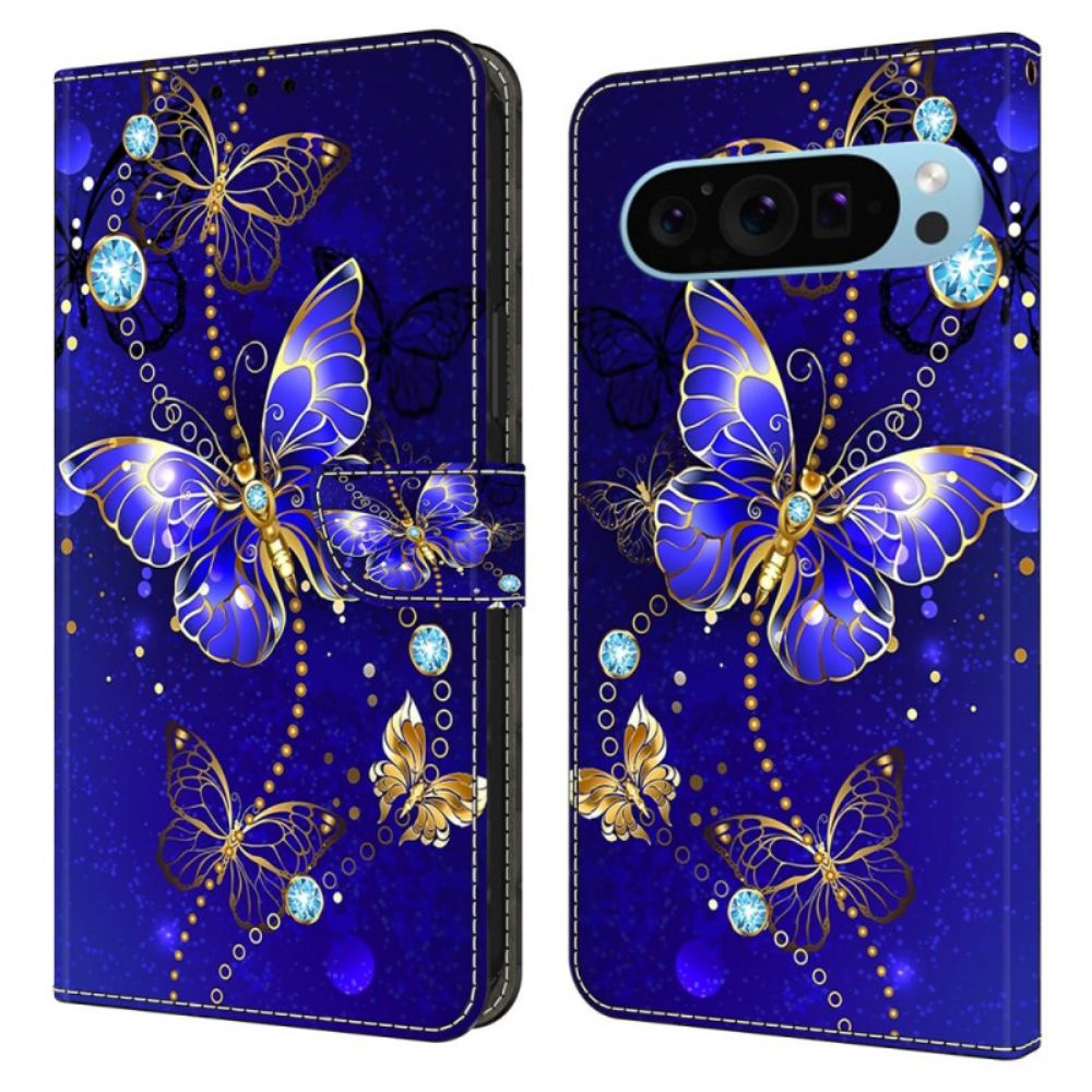 Kožený Kryt Google Pixel 9 Pro Xl Diamantový Motýl Na Modrém Pozadí