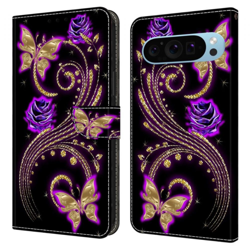 Kožený Kryt Google Pixel 9 Pro Xl Fialové Květiny A Motýli