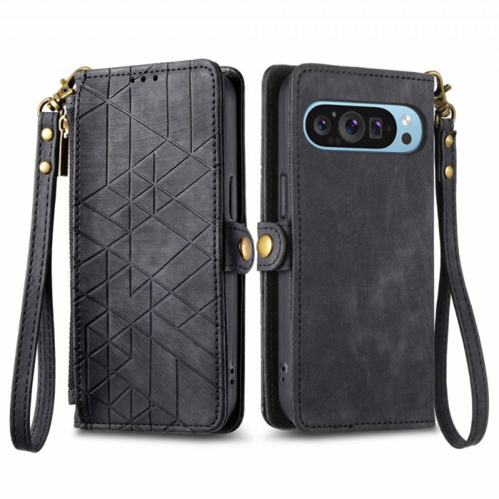 Kožený Kryt Google Pixel 9 Pro Xl Peněženka S Geometrickým Designem
