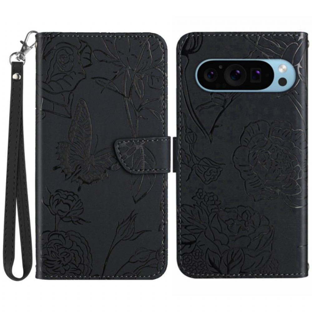 Kožený Kryt Google Pixel 9 Pro Xl Potisk Motýlů S Páskem