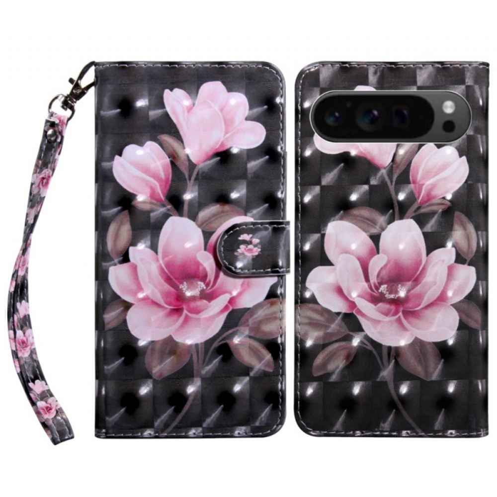Kožený Kryt Na Google Pixel 9 Pro Xl Růžové Květy Na Černém Pozadí S Popruhem
