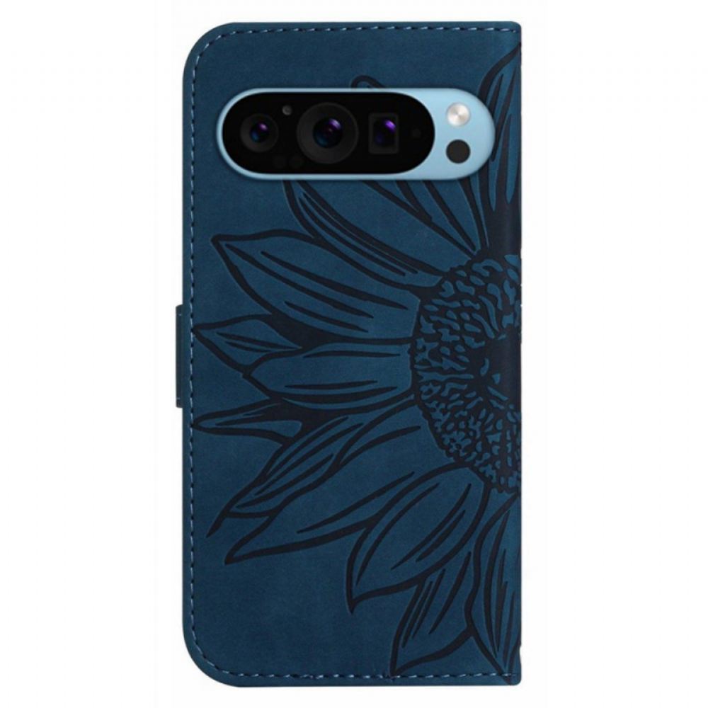 Kožený Kryt Na Google Pixel 9 Pro Xl Slunečnicový Potisk S Páskem