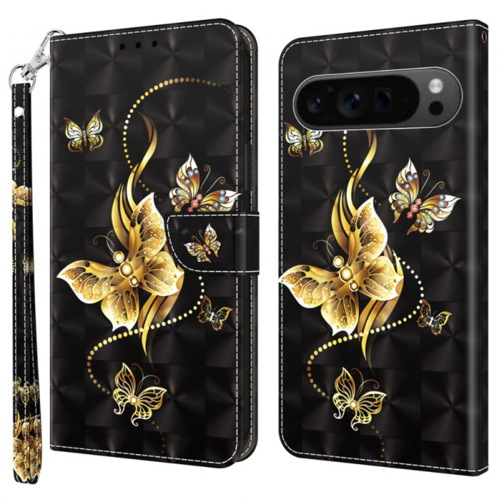 Peněženková Pouzdra Google Pixel 9 Pro Xl Kryty Na Mobil Zlatý Motýl V Letu S Popruhem