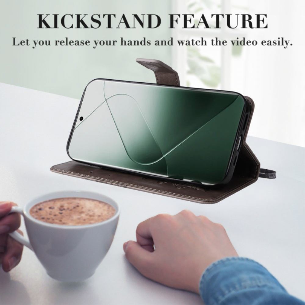 Kožený Kryt Na Xiaomi 14 Pro Obří Motýli S Popruhem