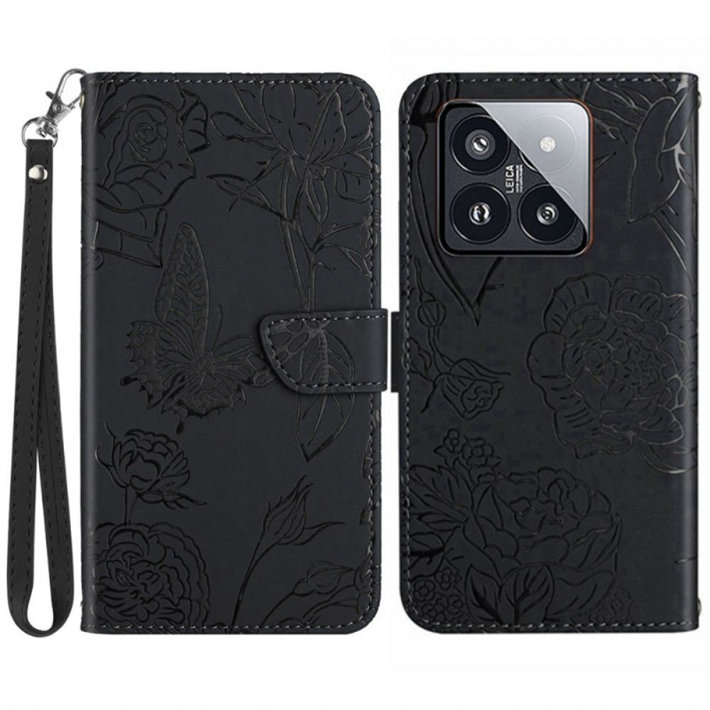 Kožený Kryt Na Xiaomi 14 Pro Potisk Motýlů S Páskem