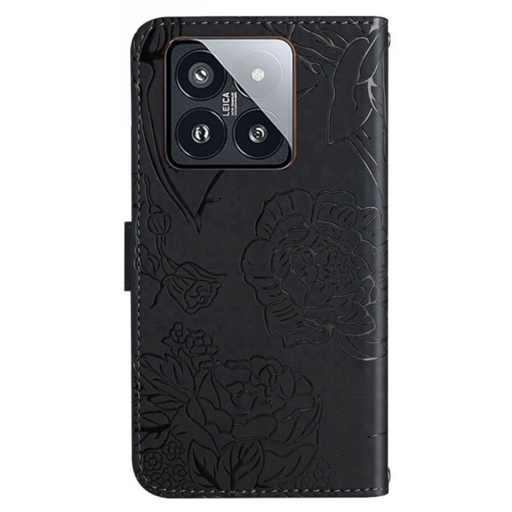 Kožený Kryt Na Xiaomi 14 Pro Potisk Motýlů S Páskem