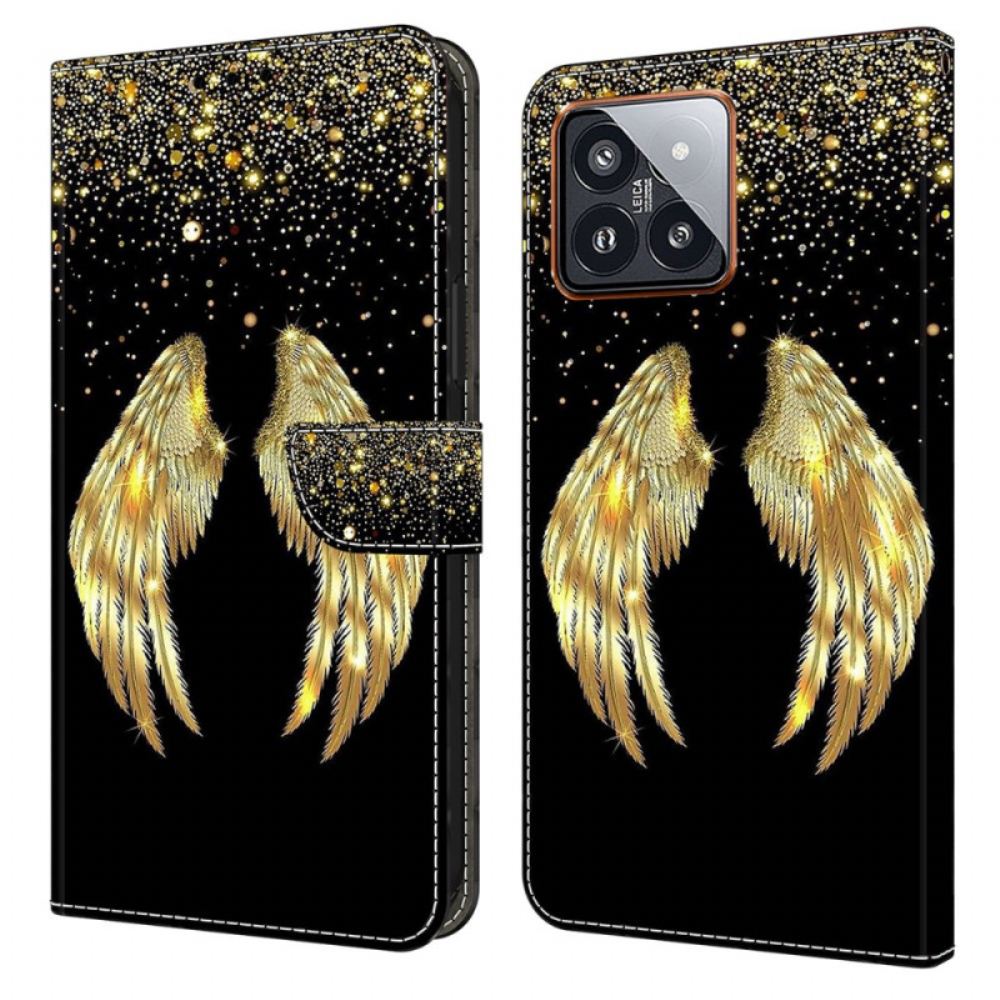 Kožený Kryt Na Xiaomi 14 Pro Zlatá Křídla