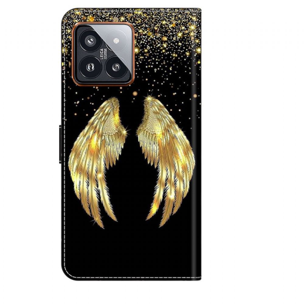 Kožený Kryt Na Xiaomi 14 Pro Zlatá Křídla