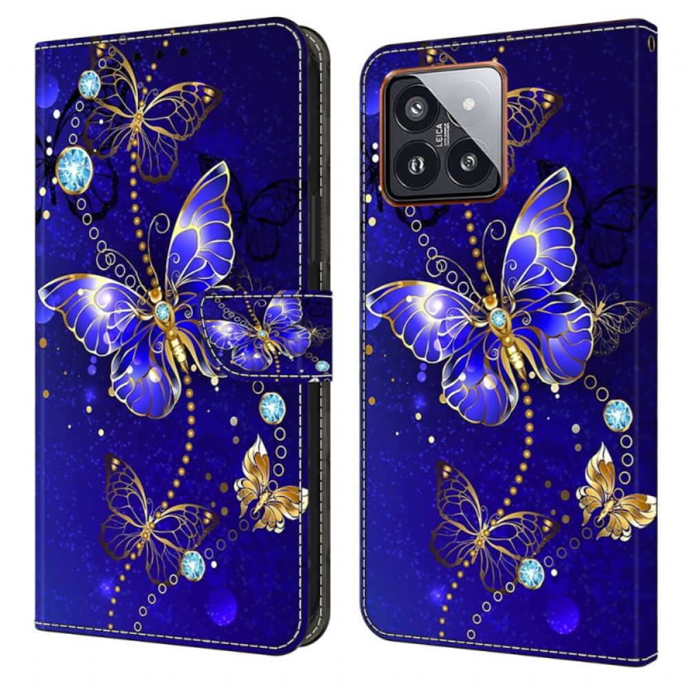 Kožený Kryt Xiaomi 14 Pro Diamantoví Motýli