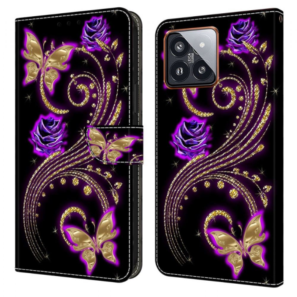 Kožený Kryt Xiaomi 14 Pro Fialové Květiny A Motýli