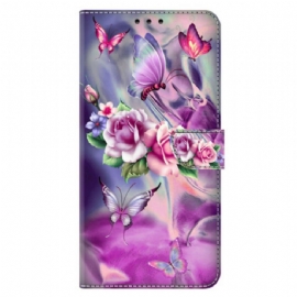 Kožený Kryt Xiaomi 14 Pro Fialoví Motýli A Květiny