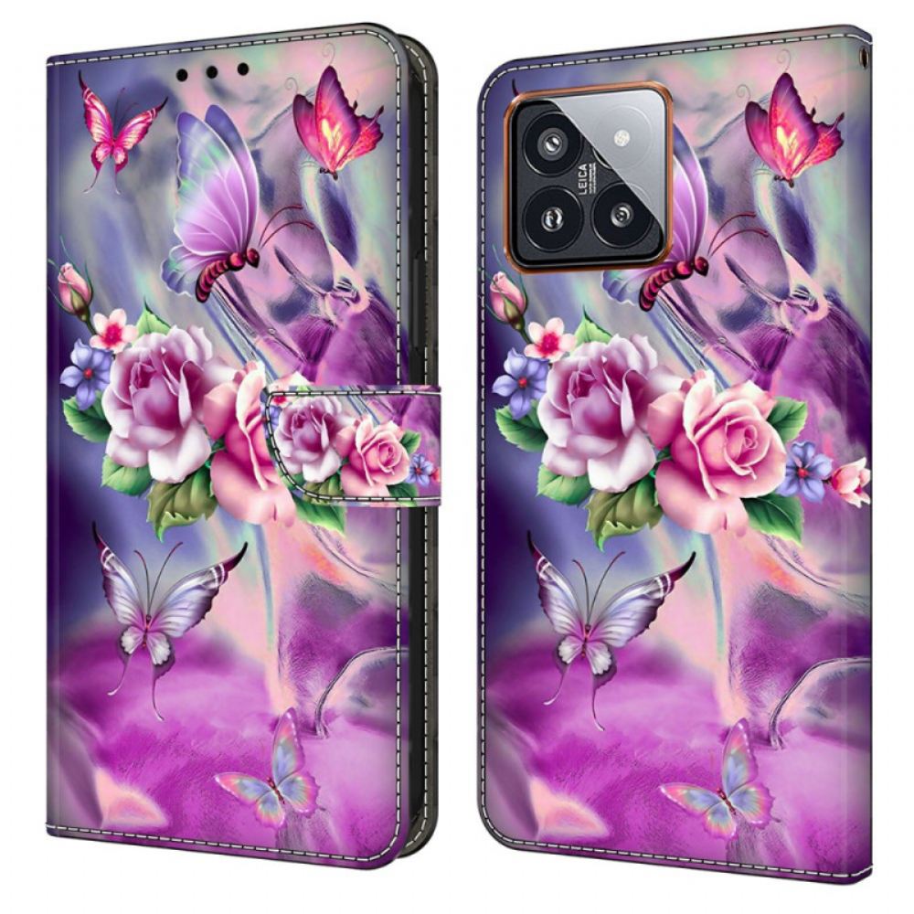 Kožený Kryt Xiaomi 14 Pro Fialoví Motýli A Květiny