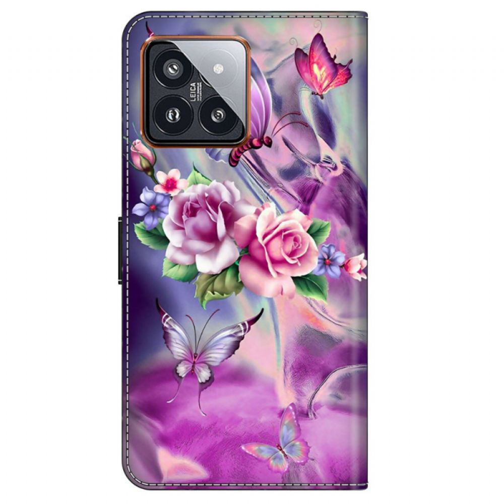 Kožený Kryt Xiaomi 14 Pro Fialoví Motýli A Květiny