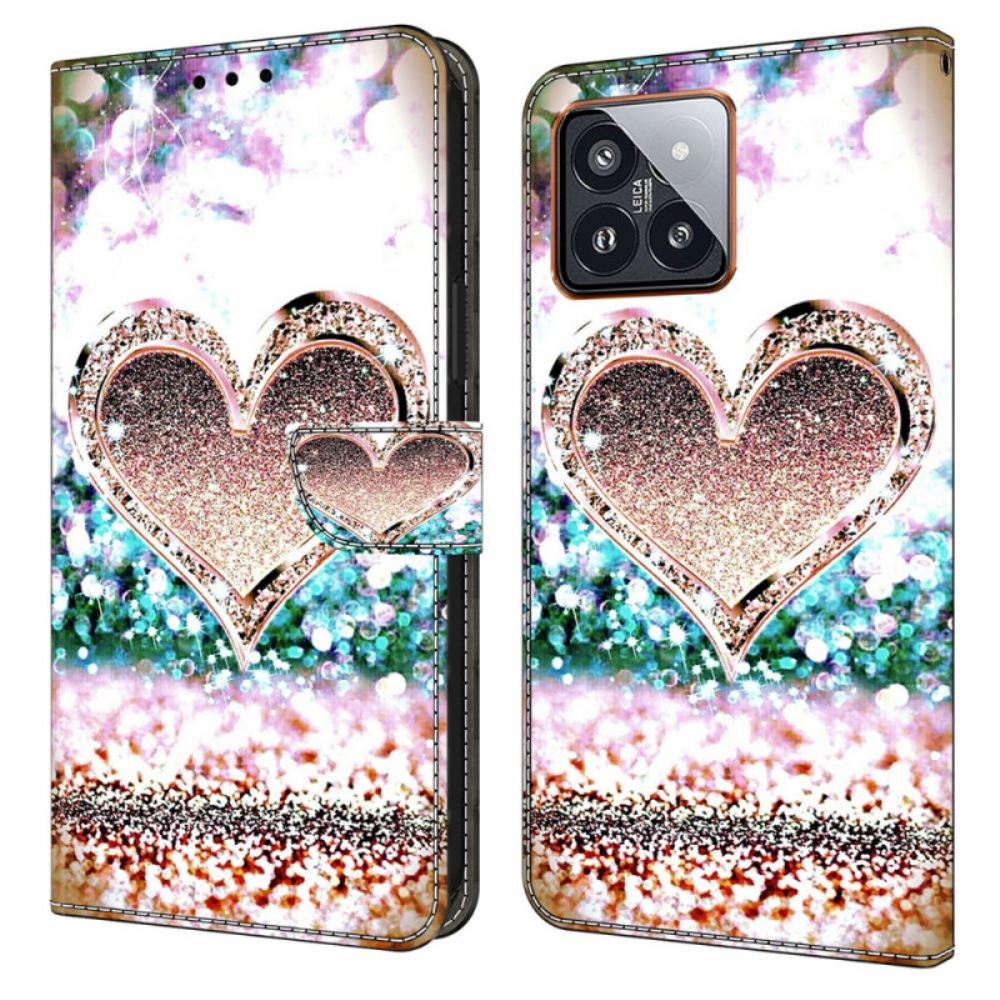 Kožený Kryt Xiaomi 14 Pro Růžové Diamantové Srdce