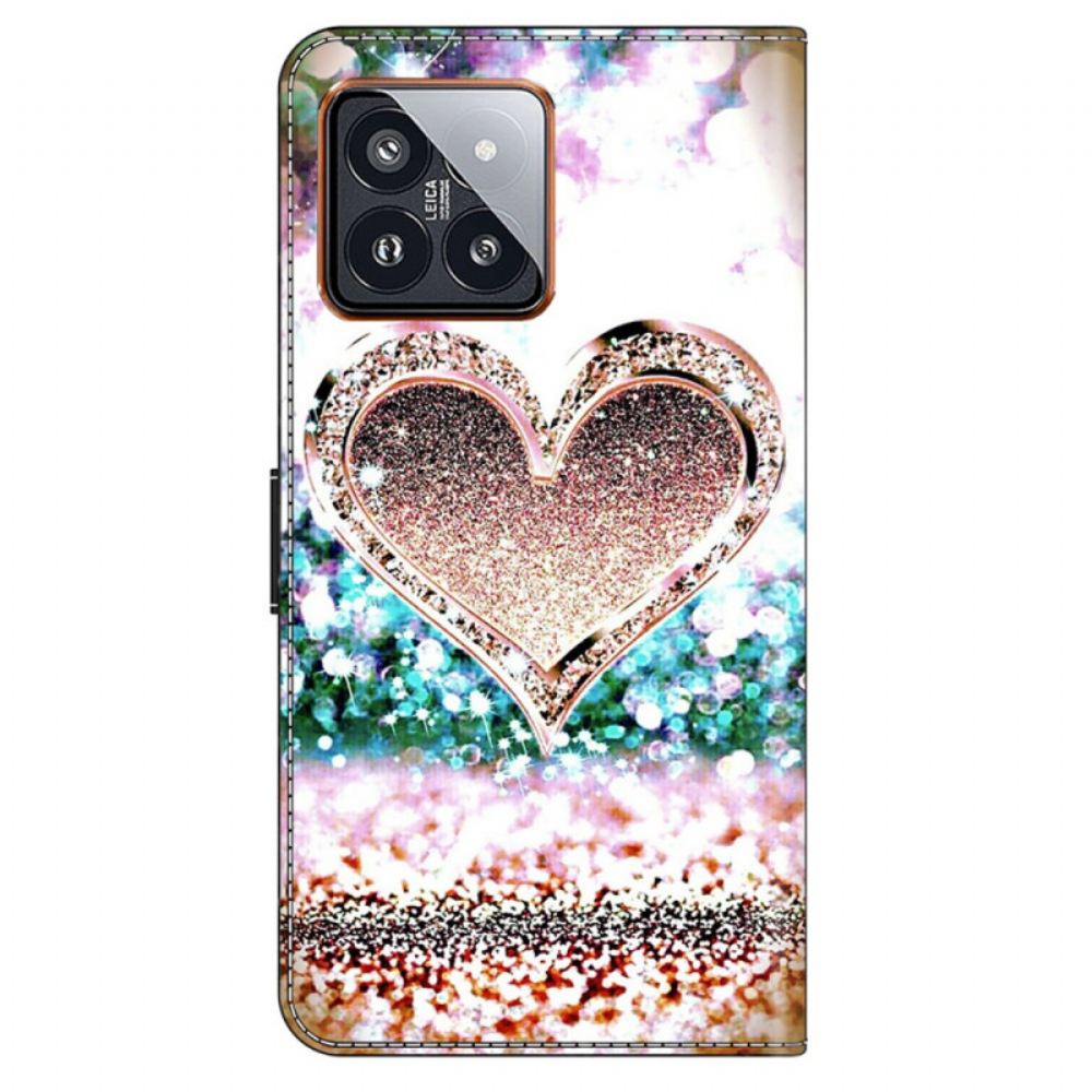 Kožený Kryt Xiaomi 14 Pro Růžové Diamantové Srdce