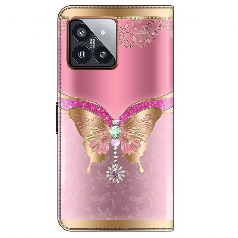 Kožený Kryt Xiaomi 14 Pro Růžový A Zlatý Motýl