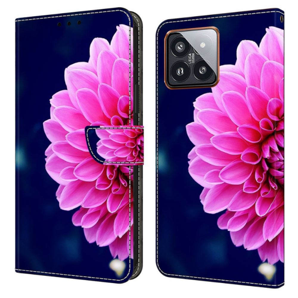 Kožený Kryt Xiaomi 14 Pro Růžový Květ Na Modrém Pozadí