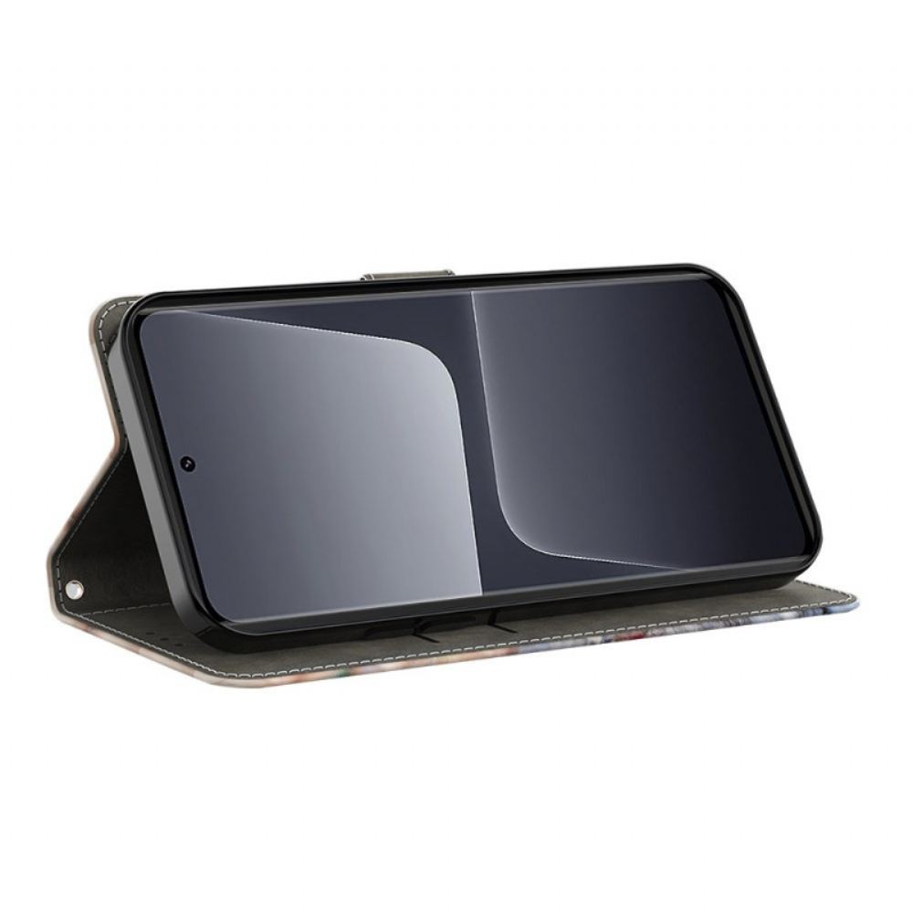 Kožený Kryt Xiaomi 14 Pro Růžový Květ Na Modrém Pozadí