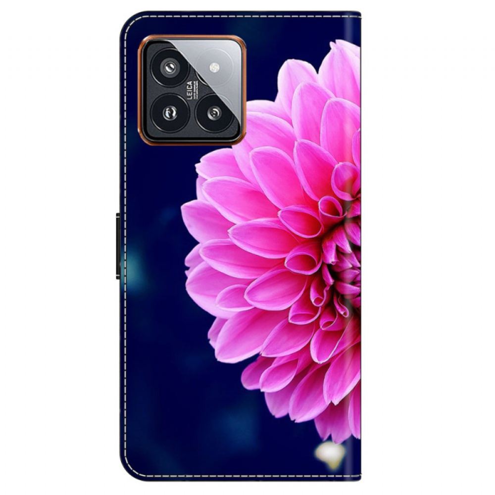 Kožený Kryt Xiaomi 14 Pro Růžový Květ Na Modrém Pozadí