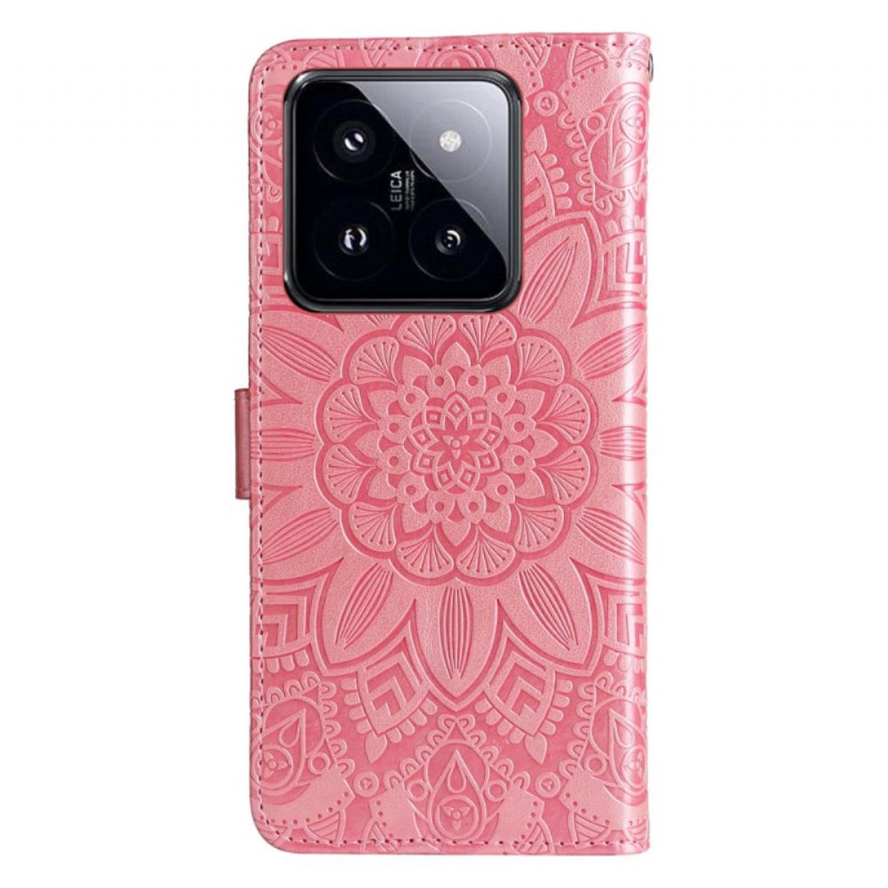 Kožený Kryt Xiaomi 14 Pro Slunečnicový Vzor S Páskem