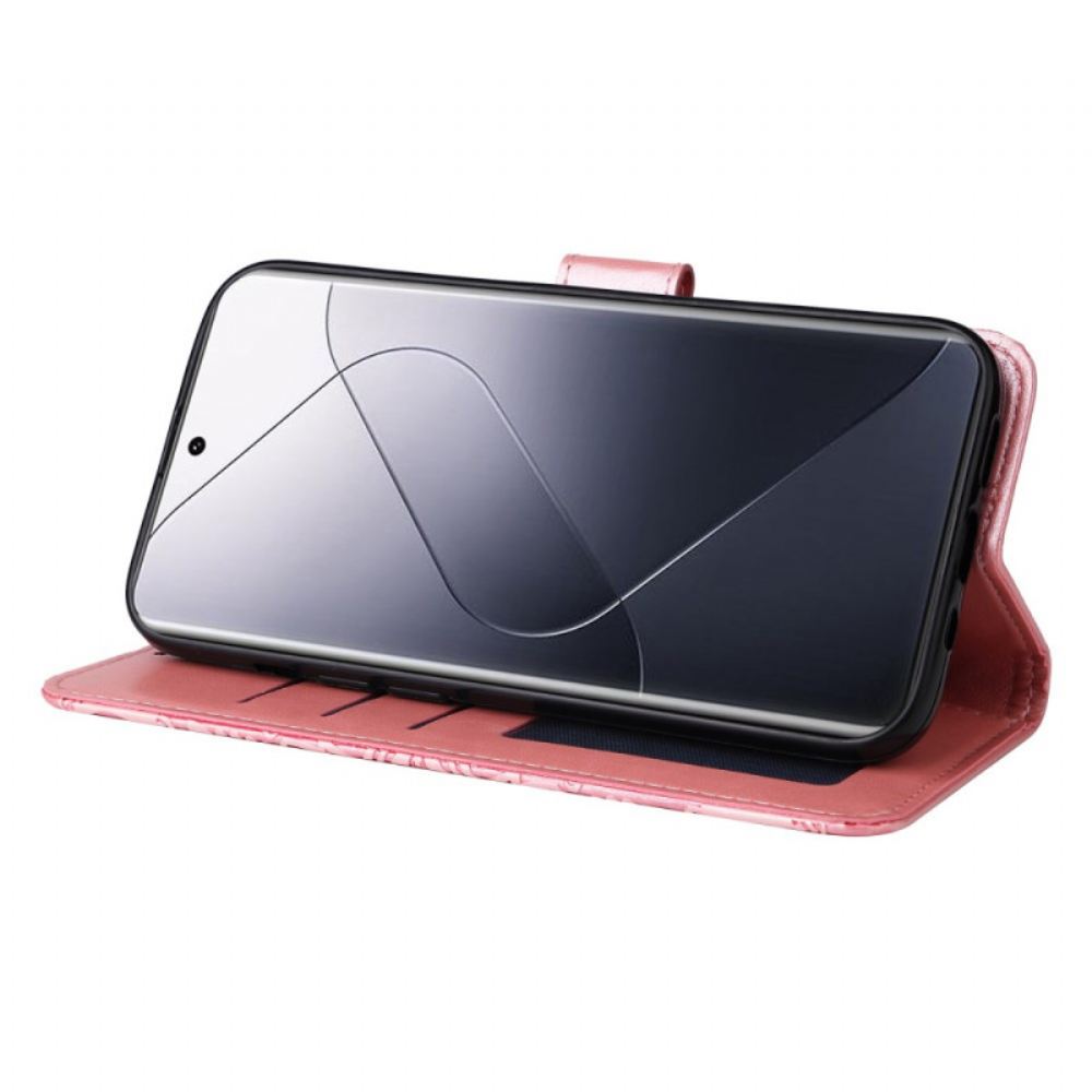 Kožený Kryt Xiaomi 14 Pro Slunečnicový Vzor S Páskem
