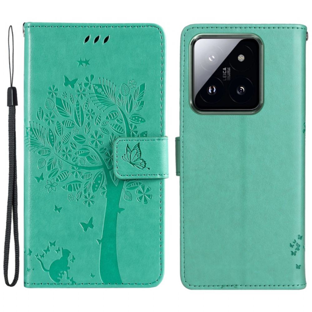Kožený Kryt Xiaomi 14 Pro Strom Kočky A Lanka