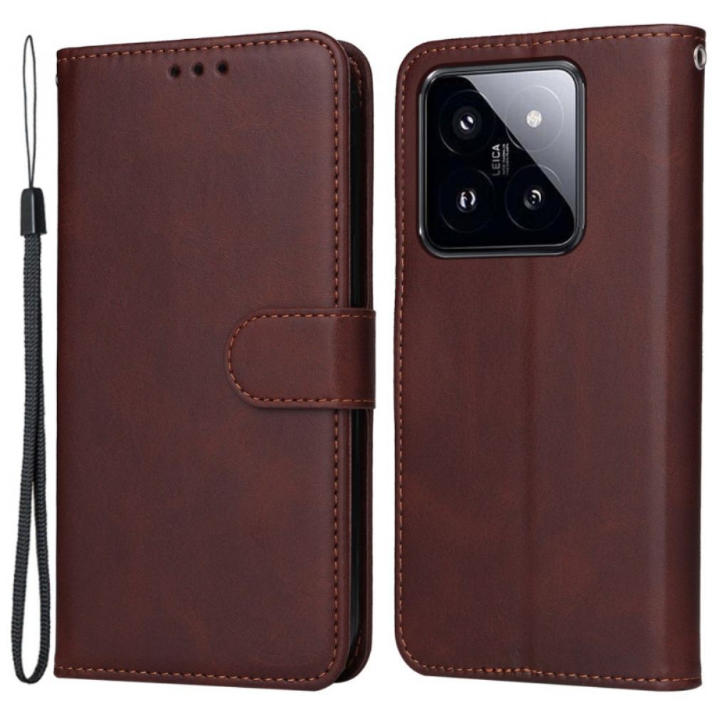 Kožený Kryt Xiaomi 14 Pro Textura Lýtka S Páskem
