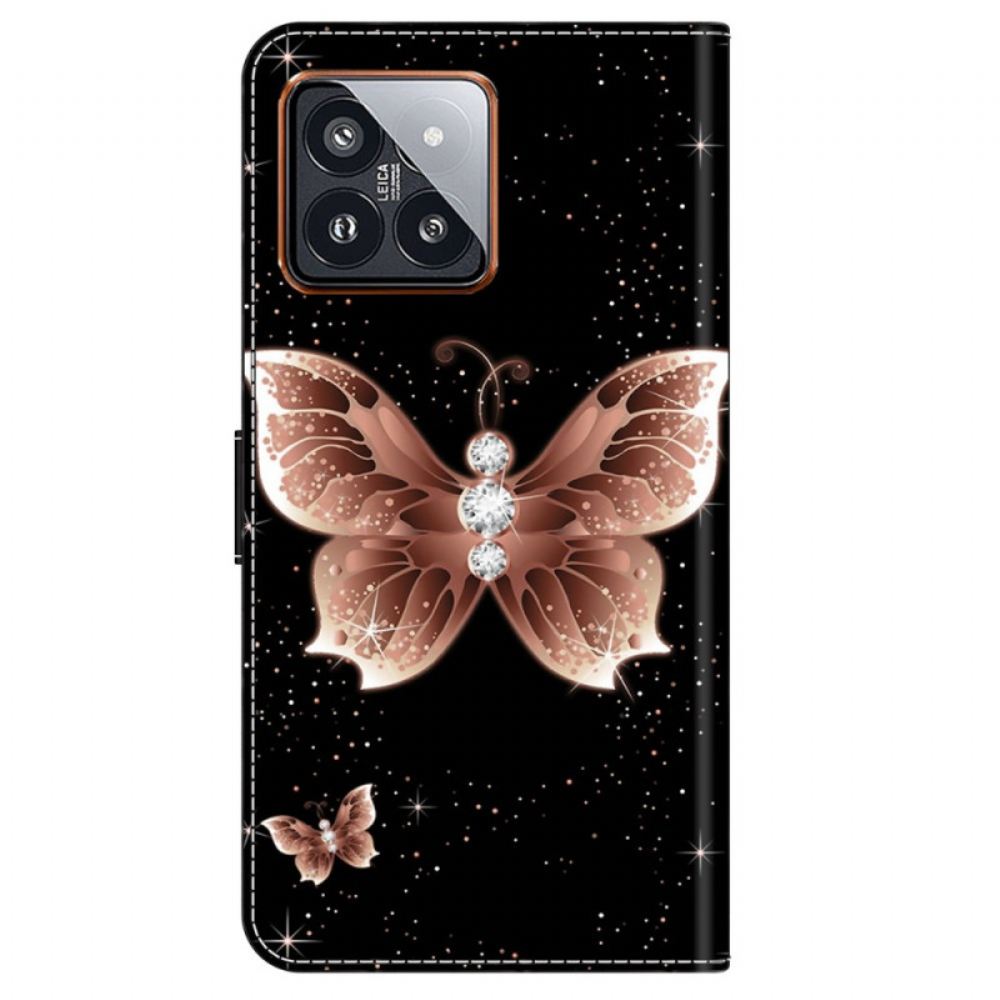 Peněženková Pouzdra Xiaomi 14 Pro Kryty Na Mobil Růžový Diamantový Motýl