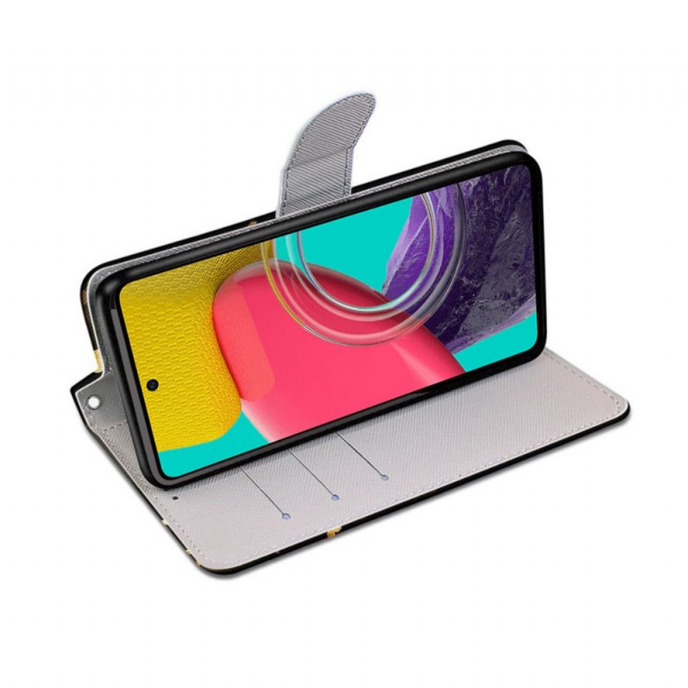 Flipové Pouzdro Na Samsung Galaxy M53 5G Na Lana Motýli Se Zlatým Řemínkem