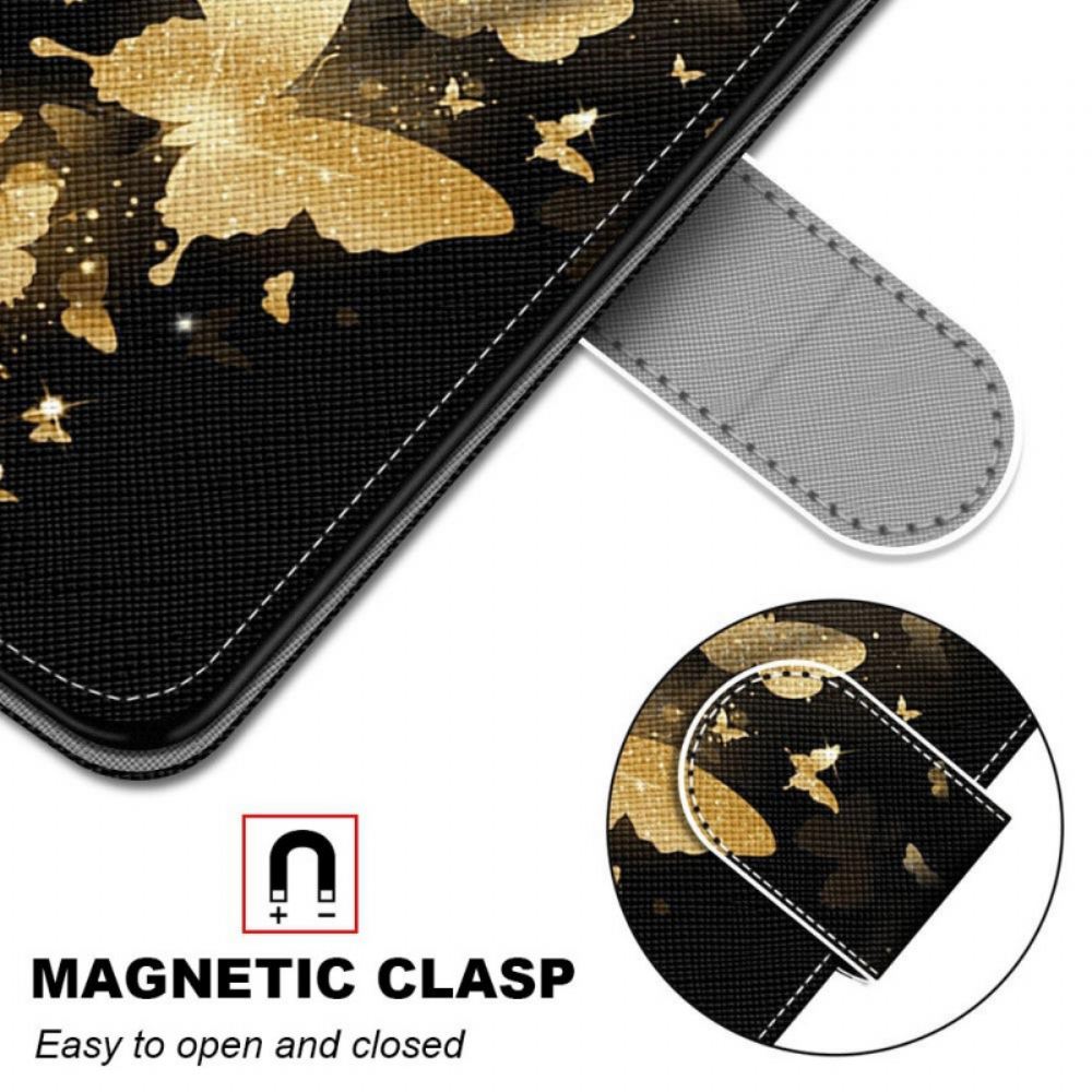 Flipové Pouzdro Na Samsung Galaxy M53 5G Na Lana Motýli Se Zlatým Řemínkem