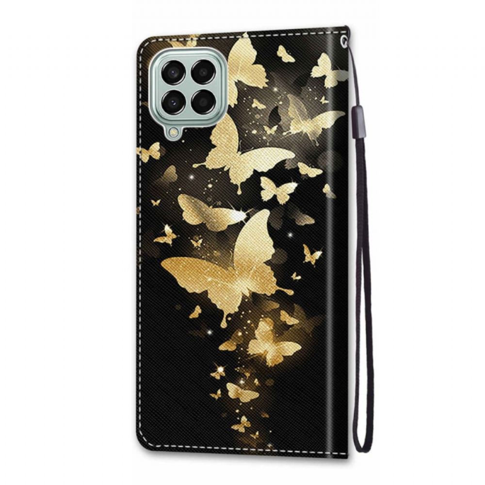 Flipové Pouzdro Na Samsung Galaxy M53 5G Na Lana Motýli Se Zlatým Řemínkem