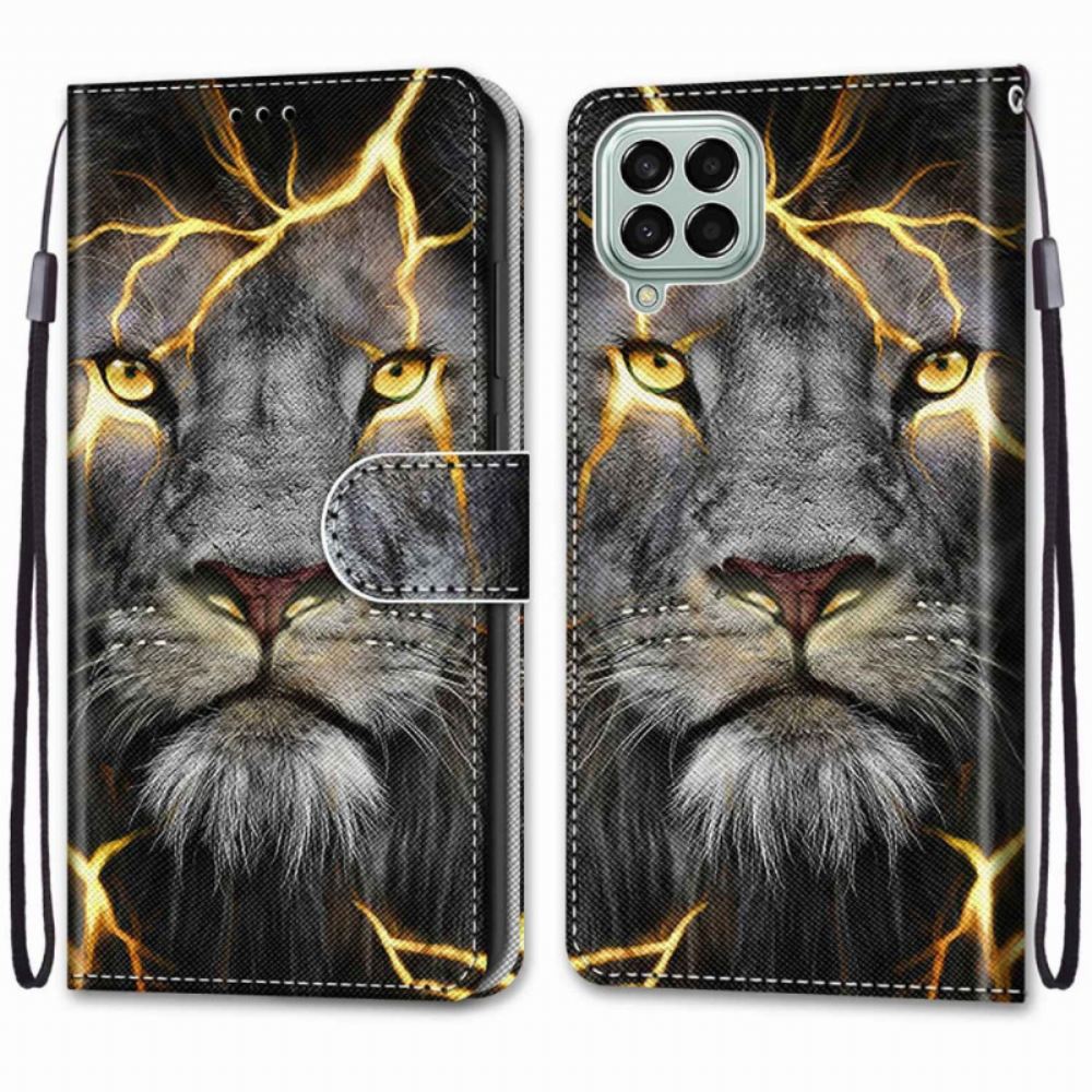 Flipové Pouzdro Na Samsung Galaxy M53 5G Na Lana Ohnivá Kočka S Popruhem