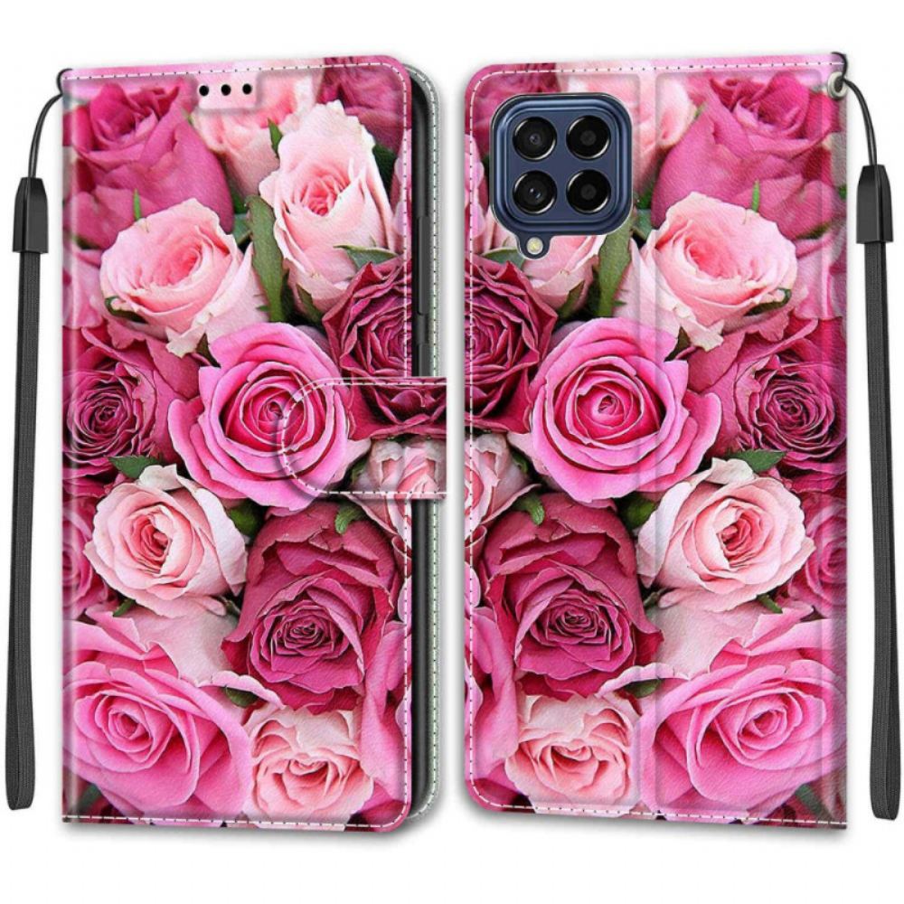 Flipové Pouzdro Na Samsung Galaxy M53 5G Růže S Řemínkem