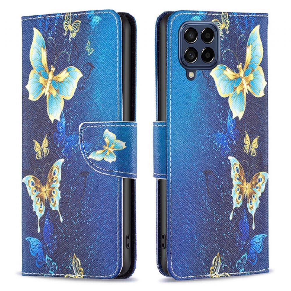Kožené Pouzdro Na Samsung Galaxy M53 5G Zlatí Motýli