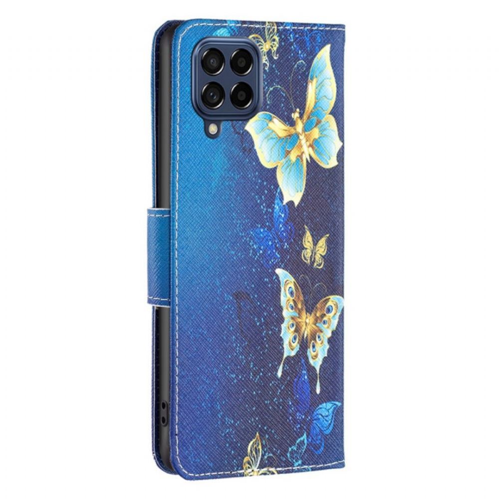 Kožené Pouzdro Na Samsung Galaxy M53 5G Zlatí Motýli