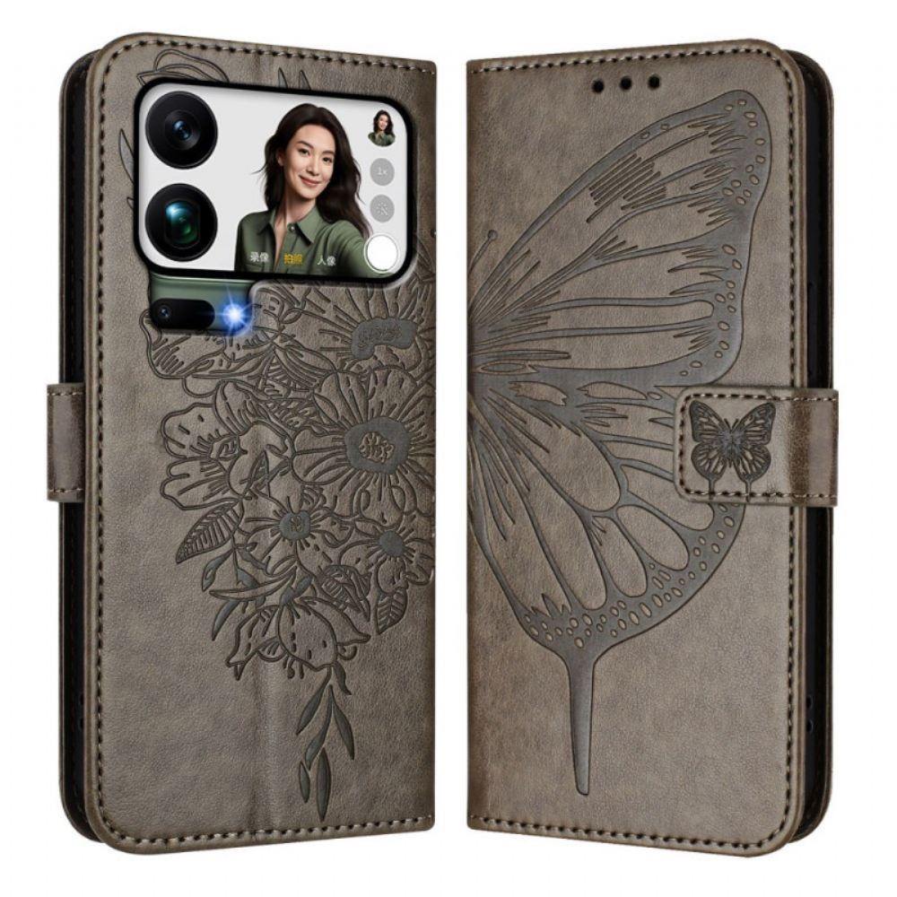 Kožený Kryt Xiaomi 17 Pro Max Motýlí Vzor Se Šňůrkou Na Krk