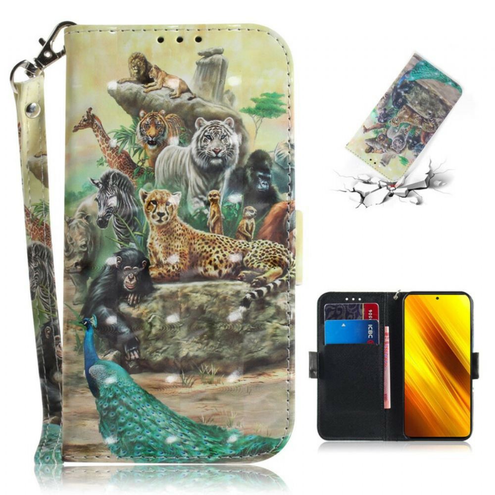 Kožené Pouzdro Na Poco X3 / X3 Pro / X3 NFC Na Lana Safari Zvířata V Lanyardu