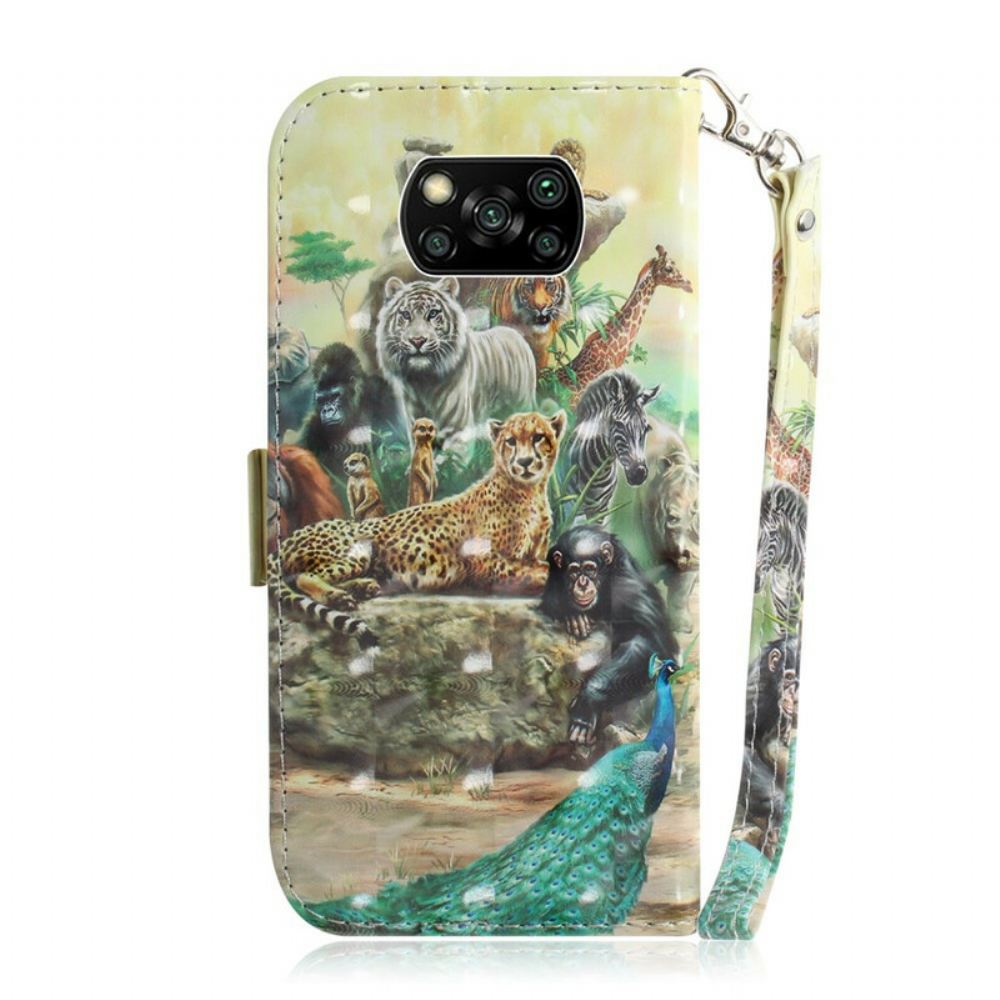 Kožené Pouzdro Na Poco X3 / X3 Pro / X3 NFC Na Lana Safari Zvířata V Lanyardu